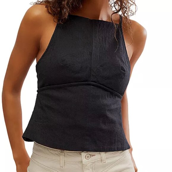 Free People James Black Linen Crop Tank Top Adjustable Straps Size Small - Picture 12 of 13